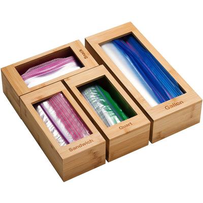 China Viable Custom Logo Drawer Storage Organizer For Ziploc Bag 4 PC Premium Bamboo Kitchen Drawer Organizer Dispenser for sale