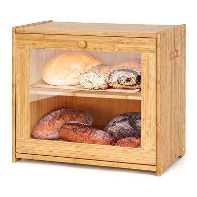 China Sustainable Bamboo Bread Box For Kitchen Countertop , 2 Layer Bread Storage Container With Clear Window for sale