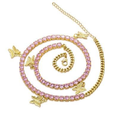 China FASHIONABLE women wholesale butterfly crystal silver pink choker jewerly chain tennis pendant necklace for sale