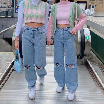 China Hot Selling New Arrivals Denim Fade Proof Nibber W21P00787 Harajuku Color 2021 Hollow Out Women's Harajuku Loose Thin Pants Hip Hop Pure Leisure Mujer Denim Pants for sale