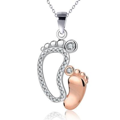 China Fashion Zircon Crystal Feet Stainless Steel Pendant Necklaces Mom Baby Child Mother's Day Gifts Silver Color Chain Necklaces Jewelry for sale