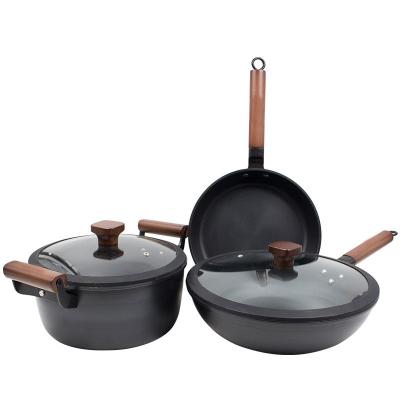 China Non Stick Cookware Set 3pcs Sustainable Healthy Uncoated Cast Iron Cookware Set Cooking Pot Cookware Set for sale