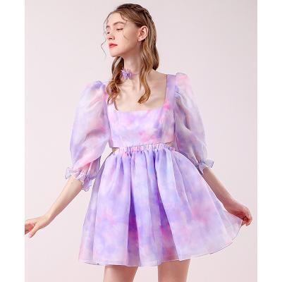 China Anti-wrinkle soft halo dyed purple fairy high neck square fairy high sleeve hollow waist lantern sleeve air dress baby puffy skirt for sale