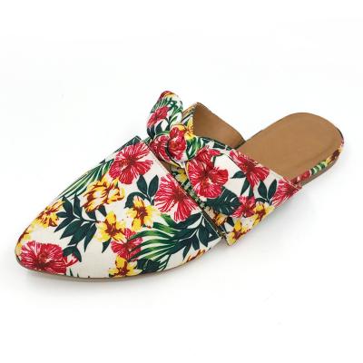 China Wholesale OEM Summer Fashion Leopard Bow Large Flat Mules PU Lady Silk Shoes Slippers Sandals For Women for sale