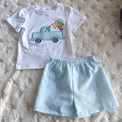 China Factory price casual knit cotton kid boys outfit fish and car car applique boy clothes blue gingham baby boys short sets for sale