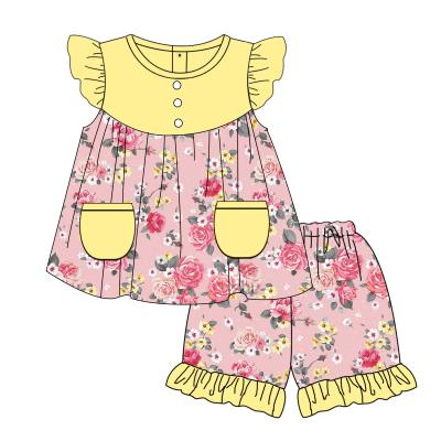 China 2022 summer casual boutique knit cotton babies clothes outfit flower print short sleeves kids girls sets for sale