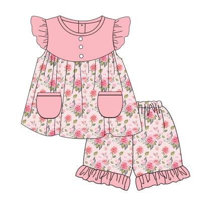 China 2022 Customization Boutique Babies Online Casual Clothes Outfit Flower Print Knit Short Sleeves Kids Girls Sets for sale