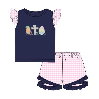 China 2022 Casual Boutique Easter Baby Girl Ruffles Sleeves Shirt With Shorts Easter Applique Kid Girl Clothes Set for sale