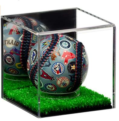 China Eco-friendly Bespoke Mirrored Back Acrylic Cube Tennis Ball Display Case With Turf Floor Lucite Baseball Box for sale