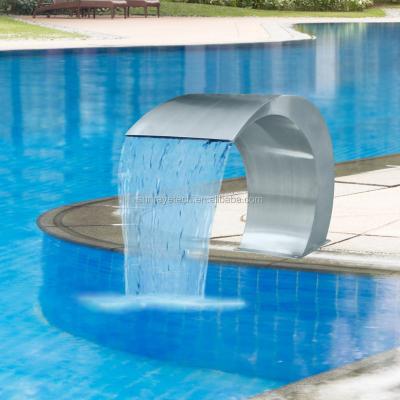 China Sheer Downspout Customized Stainless Steel Waterfall Moon Shaped Weir with Waterproof RGB LED Bar for Garden Pond Pool for sale