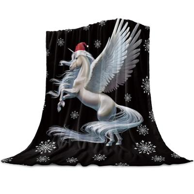 China Anti-pilling Black White Luxury Soft Coral Fleece Throw Blankets With Flying Unicorn Christmas Gifts for sale