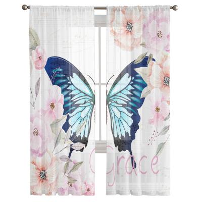 China Beautiful Flame Retardant Light Purple Sheer Butterfly Flower Window Drapes Gauze Curtain For Kids Room for sale