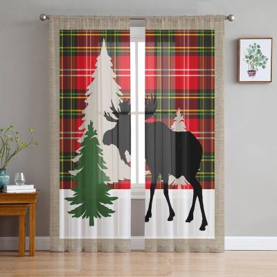 China Flame Retardant Christmas Sheer Curtains Pine Pattern Printed Green Red Window Curtains for sale