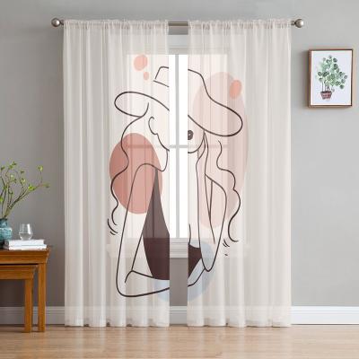 China Modern Abstract Nude Cream Chiffon Women Art Sheer Curtains For Living Room for sale