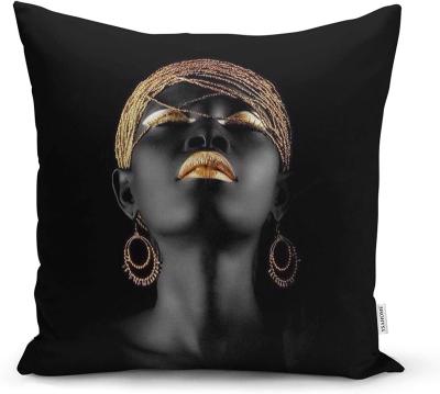 China Non-Toxic Black Gold Modern Art Decor SET 4 Black Women African American Girls Cushion Cover Tile Case for sale