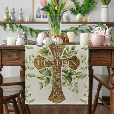 China Stripe It Is Raised Devout Cross Easter Table Runner With Watercolor Green Leaves Cotton Linen Fabric for sale