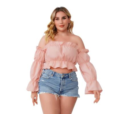 China 2021 Breathable Off The Shoulder Plus Size Crop Tops Women Autumn Solid Lantern Sleeve Slash Neck Beach Girl Blouse Wholesale Women for sale