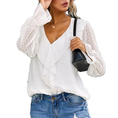 China Breathable Ladies Tops Woman Tops Blouse Fashionable V-Neck Pull-Neck Lantern Sleeve With Flared Edge Elegant Blouses Women for sale