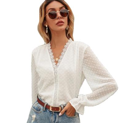 China Elegant V-Neck Lace Patchwork Women's Clothing Women Long Sleeve Chiffon Polka Dot Shirt Breathable Sweater Blouses for sale