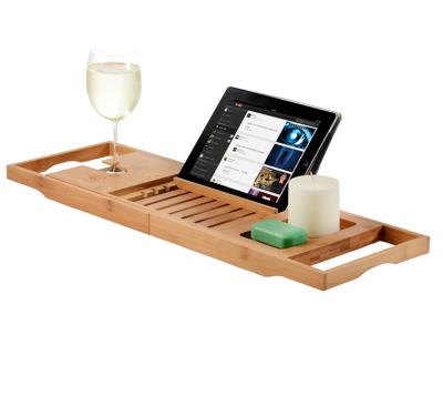 China Sustainable Expandable Premium Wooden Bamboo Cart Bath Tray With Book, Wine Rack For Ideal Gift For Loved One for sale