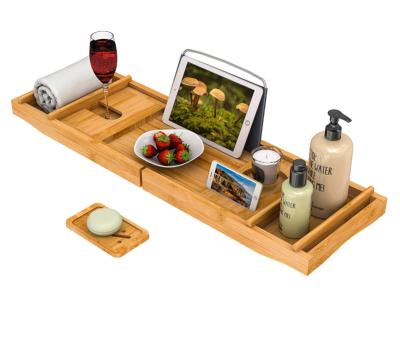 China Sustainable Bamboo Adjustable Organizer Tray Bath Caddy for Tub Bathroom Suitable for Spa or Luxury Reading for sale