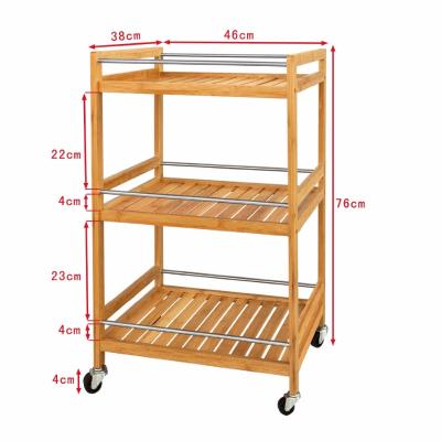 China Natural Color 3 Tiers Solid Wood Wooden Bamboo Kitchen Cart With Wheels for sale