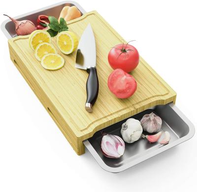 China Sustainable Bamboo Cutting Board Chipping Board With Stainless Steel Tray For Cutting for sale