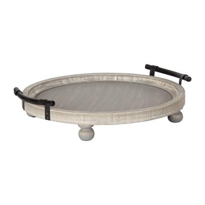 China Living Room Wood Farmhouse Round Tray Rustic Gray Wooden Tray for Coffee Table for sale