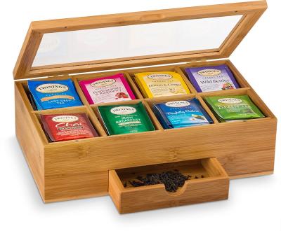 China Viable Bamboo Tea Box with 8 Storage Sections and Expandable Drawer for sale