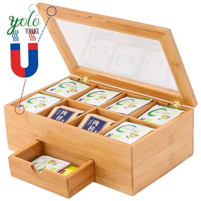 China Sustainable Nature Organizer 8 Compartments Tea Caddy Storage Bamboo With Drawer for sale