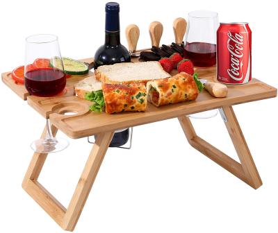 China Modern Bamboo Folding Picnic Table with Wine Rack and Wine Glass Holder Bamboo Folding Snack Table for sale