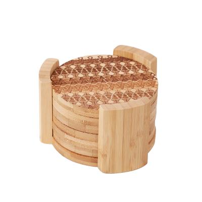 China Sustainable Health And High Quality 6 Piece Bamboo Coaster Set With Cup Support Frame for sale