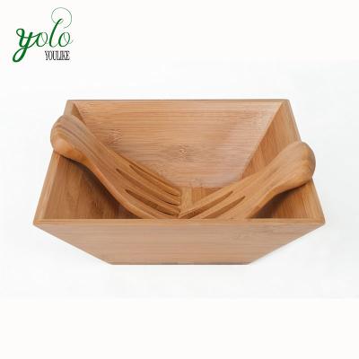 China Large Square Sustainable Countertop Kitchen Bamboo Salad Bowl Set With Serving Hands for sale