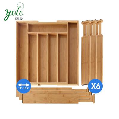 China Sustainable Kitchen Utensil And Cutlery Drawer Bamboo Organizer With 6 Bamboo Kitchen Drawer Dividers for sale