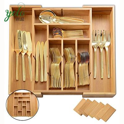 China Expandable Cutlery Tray Bamboo Drawer Utensil Organizer 13 Compartments Modern Flatware Kitchen Organizer for sale