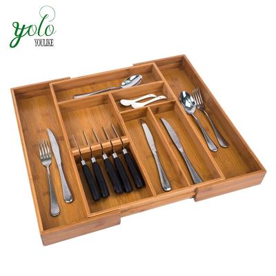 China Adjustable Viable Expandable Bamboo Kitchen Cutlery Drawer Organizer Build In Knife Holder for sale