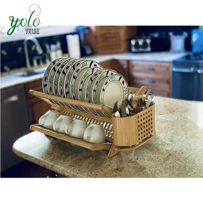 China Sustainable Bamboo Dish Drying Rack With Detachable Utensil Holder for sale