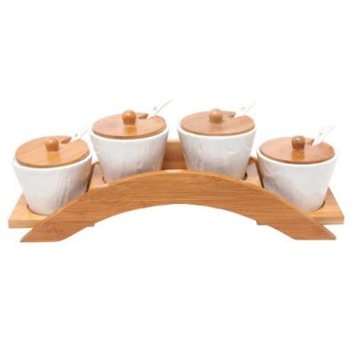 China Viable Ceramic Condiment Spice Jars Bamboo Lids Deck Rack Holder for sale