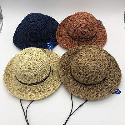 China Handmade crochet character paper straw hat with strap for women for sale