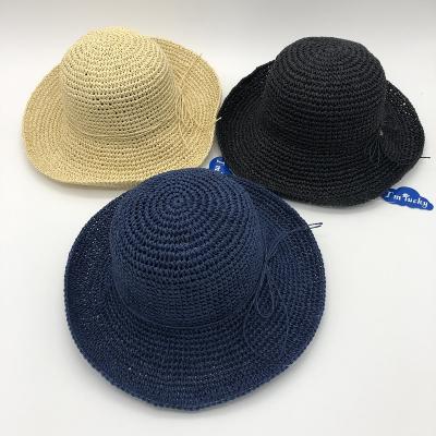 China Character Crochet Hand Made Summer Floppy Paper Straw Hat With Big Bowknot For Women for sale