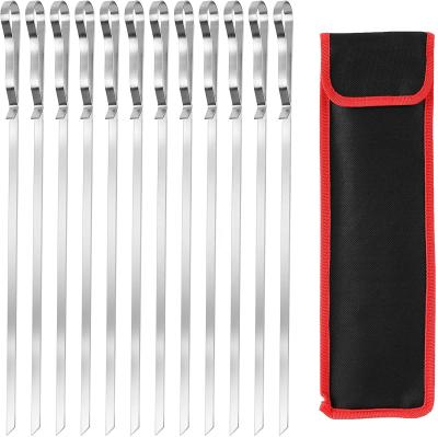 China Easily Cleaned BBQ Skewers, 14 Inch Flat Stainless Steel Metal BBQ Kebab Skewer for Outdoor Camping (12 Pcs, 1 Storage Bag) for sale