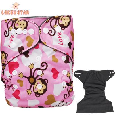 China Lokeystar Pink Monkey Printed Charcoal Bamboo Snap Button Adjustable Portable Waterproof Diaper Pants Baby Cloth Diapers for sale