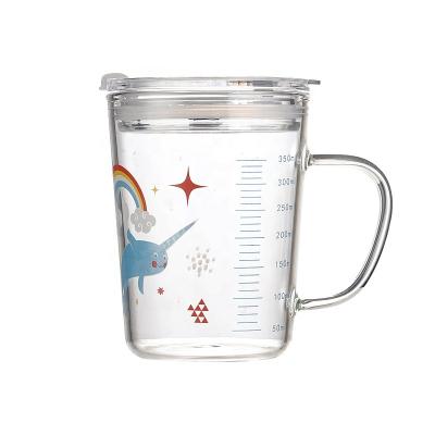 China 350ml Durable High Borosilicate Heat Resistant Glass Children's Milk Cartoon Pattern Straws Glass Cup With Handle for sale