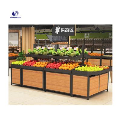 China New Heda double-sided design wooden fruit vegetable rack shelves supermarket fruit and vegetable display rack for sale