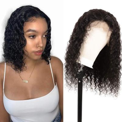 China Short Silky Straight Bob Curly Water Wave Wigs, Wave 4x4 Lace Up Middle Part Curly Bob Wigs, Brazilian Virgin Hair Pre Plucked Natural Wigs for sale