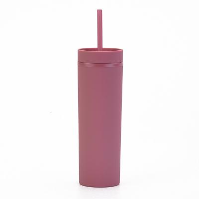 China Viable Wholesale 16oz Reusable Bulk Double Wall Insulated Powder Matte Plastic Acrylic Skinny Tumblers With Straw for sale