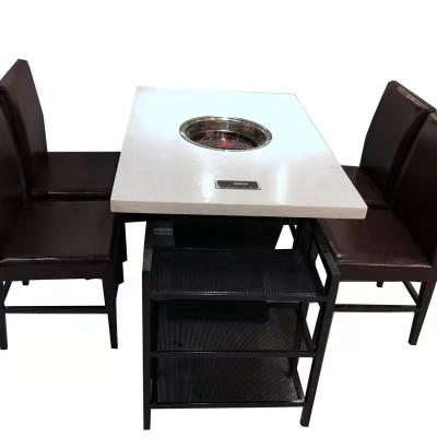 China Foshan Factory Wholesale Commercial Electromagnetic Hot Quartz Surface Stone Pot Restaurant Dining Chairs Restaurant Rectangle Metal Hot Pot Table for sale