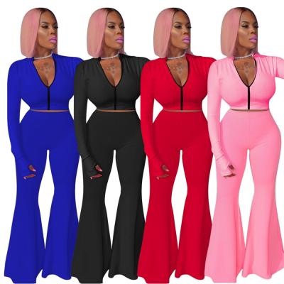 China Autumn Sale Winter Warm Solid Color Zipper Pants Suit Breathable Flared Pants Sports Two-piece Suit for sale