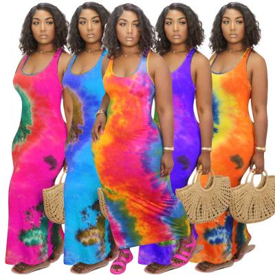 China 2021 Summer Tie Dye QUICK DRY Printed Bodycon Dress Maxi Dress Plus Size Women Invest Sleeveless Dresses for sale