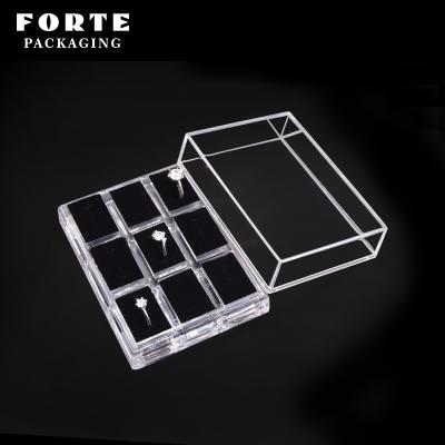 China FORTE Classic Acrylic Fancy Ring Box Plastic Packaging Transparent Anel Display Jewelry Box for sale